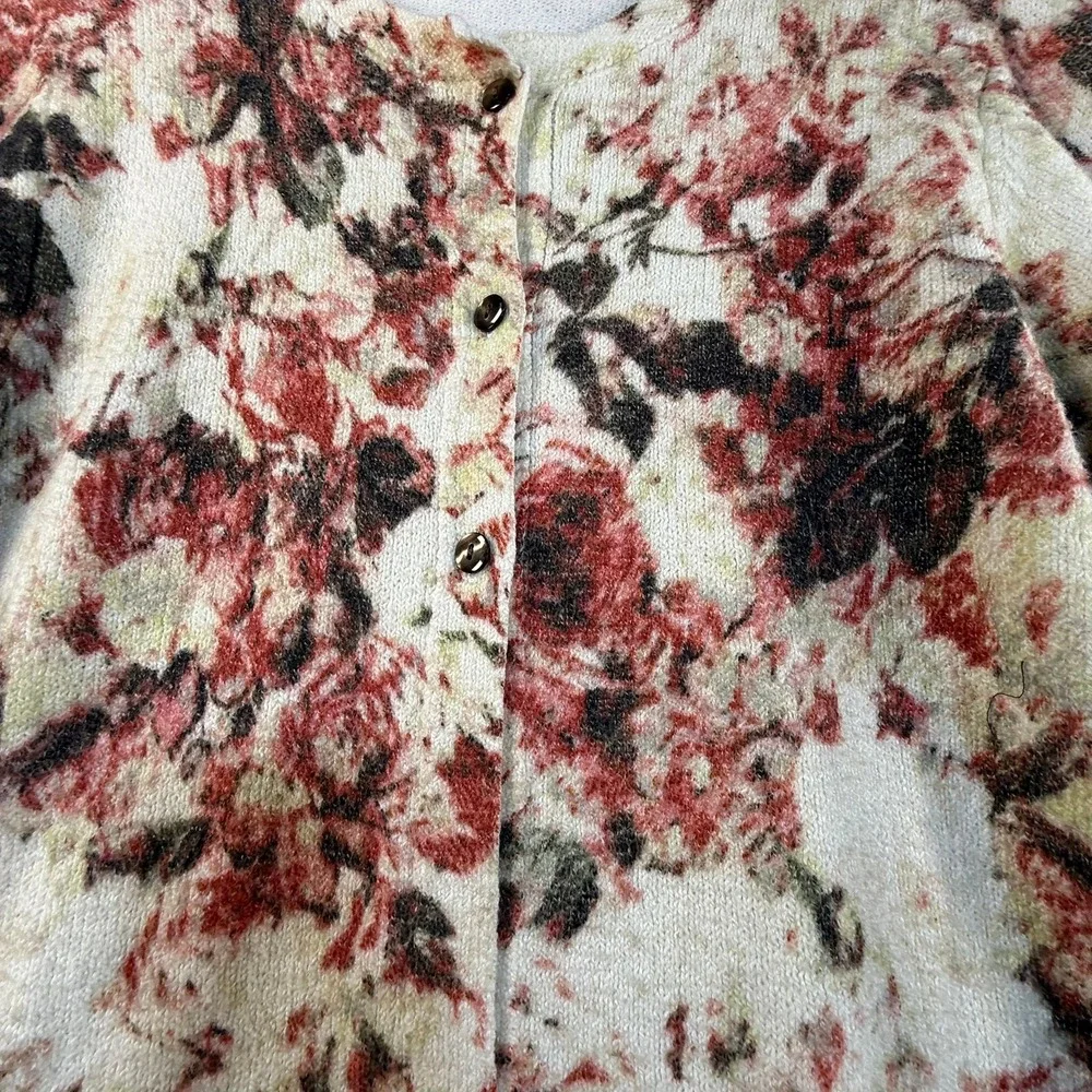 J. Jill Womens Floral Cardigan Sweater Red Cream Button Front‎ Knit Size L